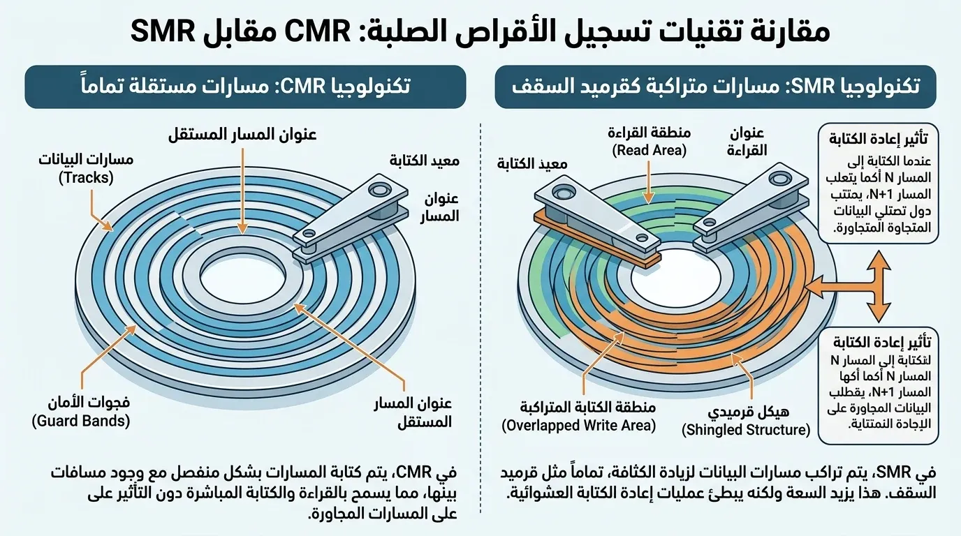 رسم توضيحي يقارن بين المسارات المستقلة في CMR والمسارات المتراكبة كقرميد السقف في SMR