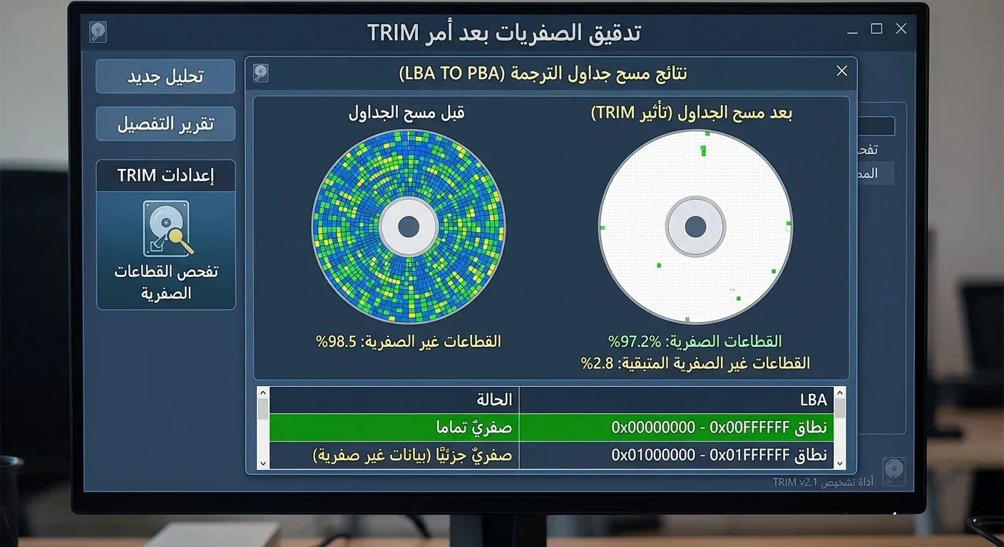 لقطة شاشة تفحص القطاعات الصفرية الناتجة عن مسح جداول الترجمة بعد أمر TRIM