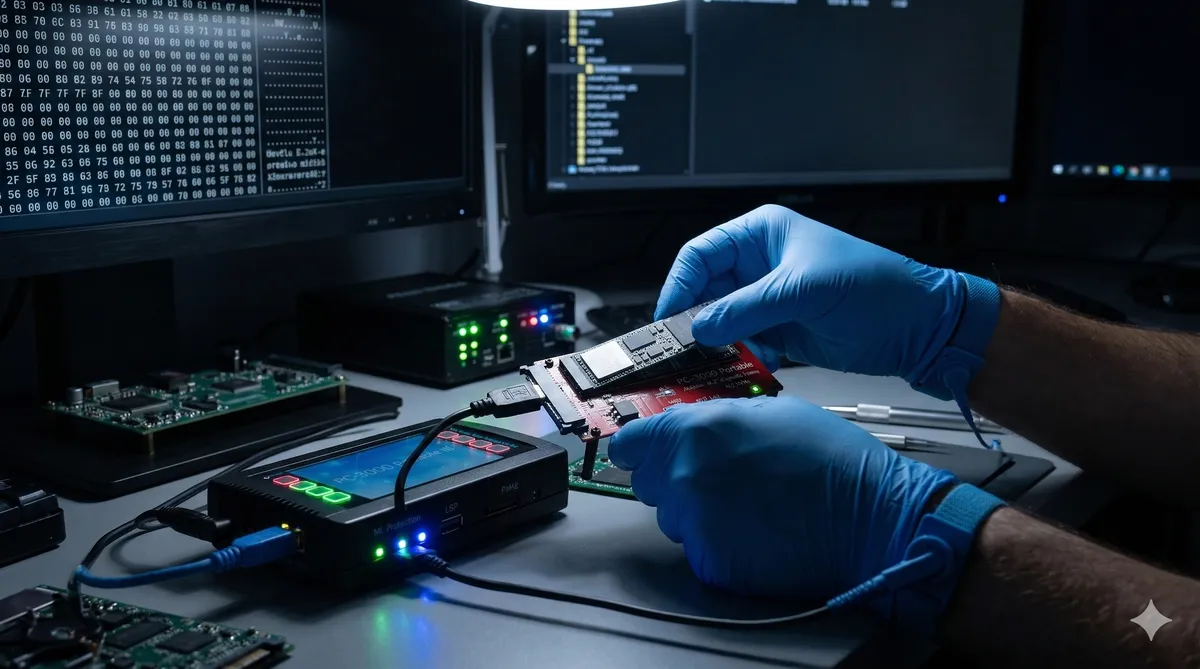 Engineer connecting an SSD to an advanced data recovery diagnostic board